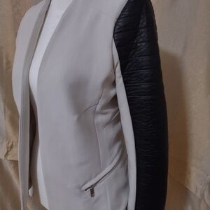 H&M Light Grey Jacket with Black leather arms. Size 6.